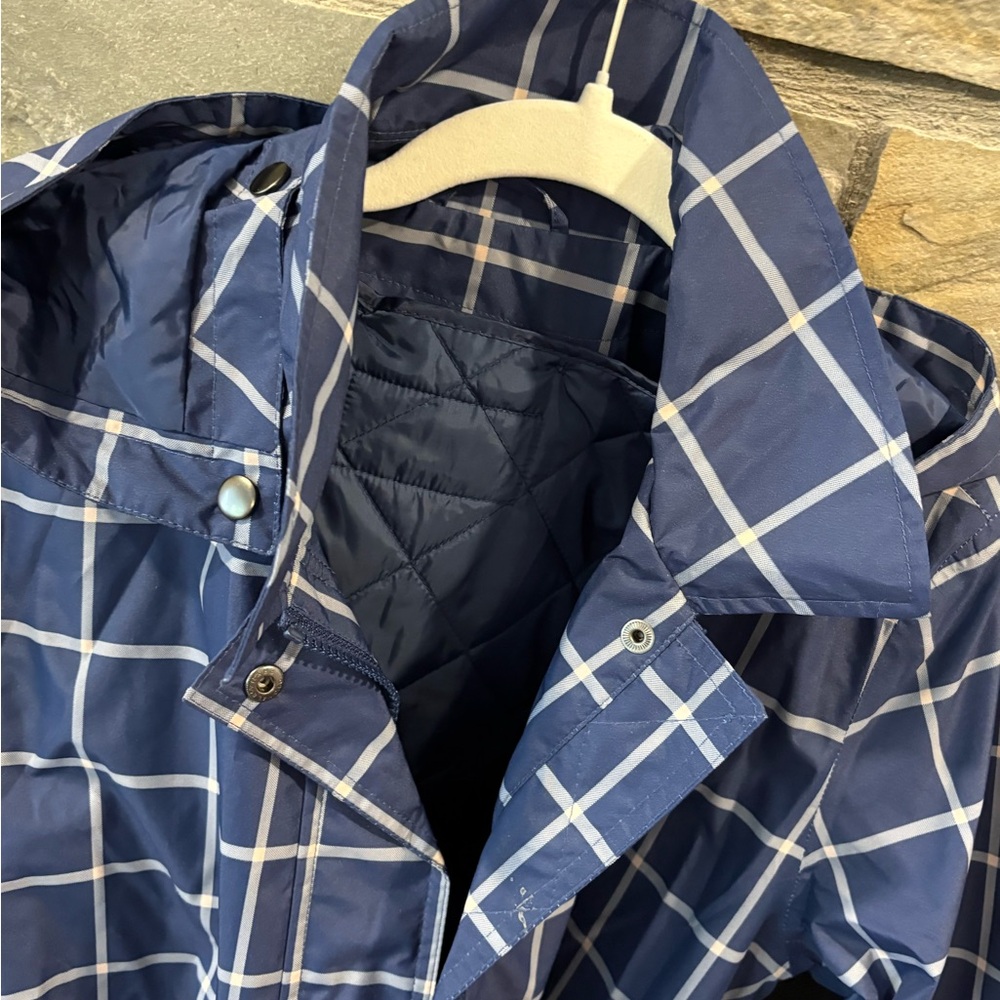 Lands' End Navy Checkered  Belted Rain Coat with Detachable Lining and Hood - Picture 4 of 6